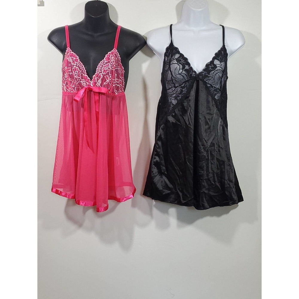 2 Avid Love Large Nightie Black Pink Satiny Lacy Lingerie Short Nightgown